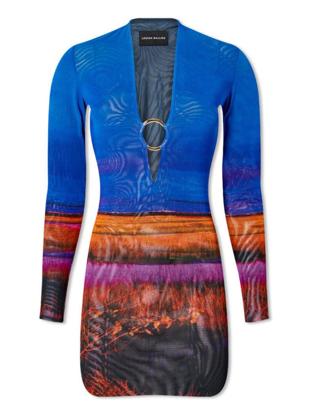 Louisa Ballou Long Sleeve Helios Double Layer Mesh Dress in Neon Horizon XL